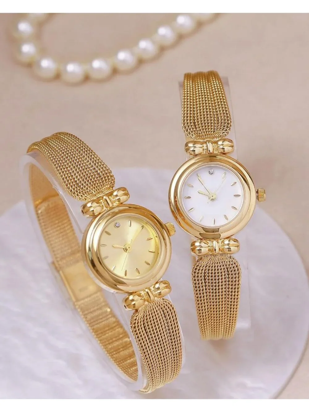 Women's Gold White Stainless Steel Mesh Strap Elegant Ladies Quartz Wrist Watch